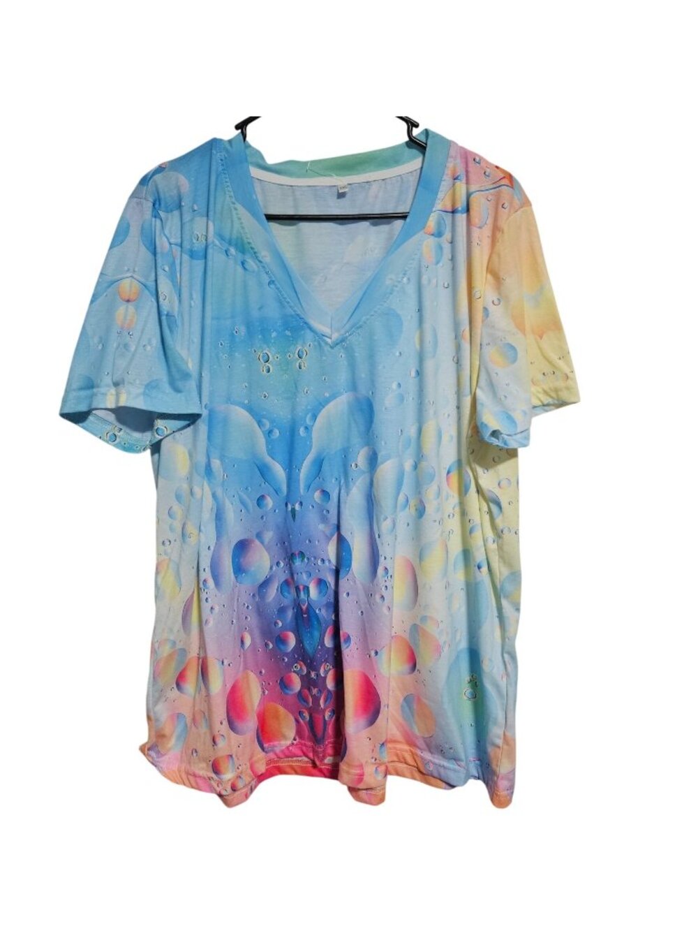 Whimsical T-Shirt Plus Size 5XL Colorful Bubble Pattern V-Neck Boho Short Sleeve
